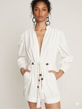 White Drawstring Romper with Tassel Beads XS